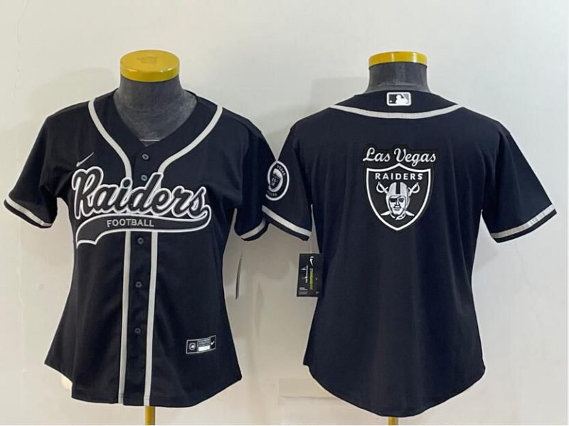 Women's Las Vegas Raiders Black Team Big Logo With Patch Cool Base Stitched Baseball Jersey(Run Small) Women's Las Vegas Raiders Black Team Big Logo With Patch Cool Base Stitched Baseball Jersey(Run Small)